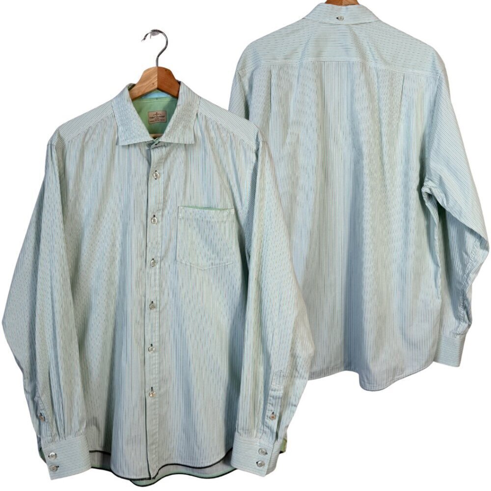 Tommy Bahama Jeans Striped Button Down Shirt Men's Large Blue Ivory Preppy Dad